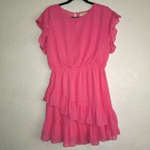 Eesome  Pink Swiss Dot Overlay Stretch Waist Ruffle Sleeve Dress Size Small